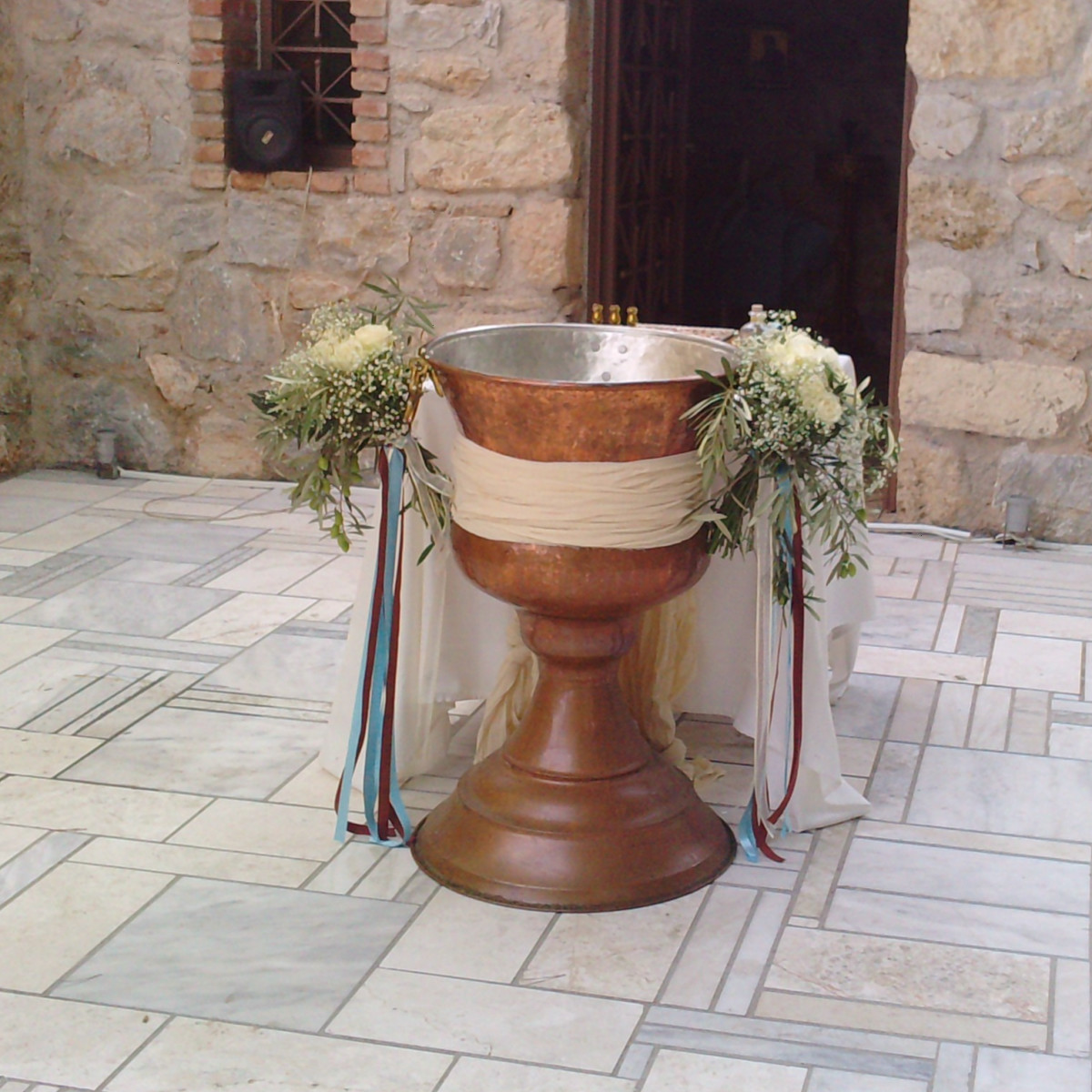 Christening Font Front Bouquets Roses