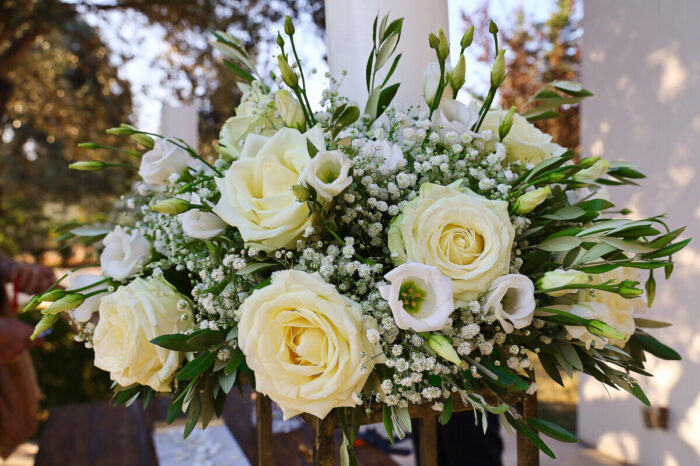 Candles for a Wedding in Greece with Gypsophila and Roses