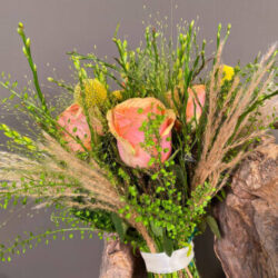 Thlaspi Roses Craspedia Panicum Bouquet for an Orthodox Wedding in Greece