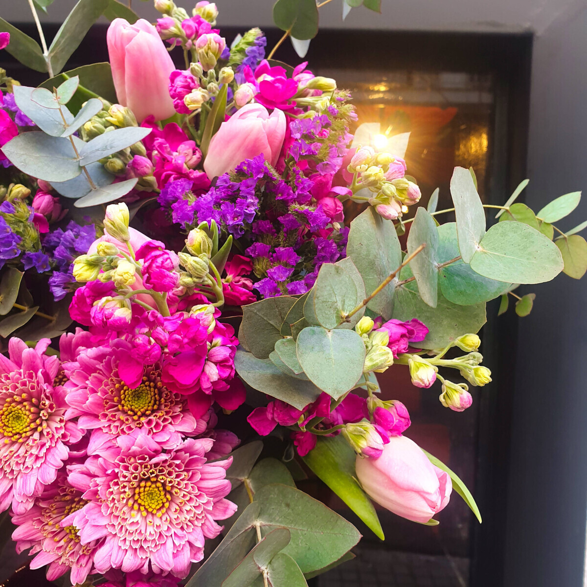 Bouquet Tulips Amaranth Chrysanthemums Violets