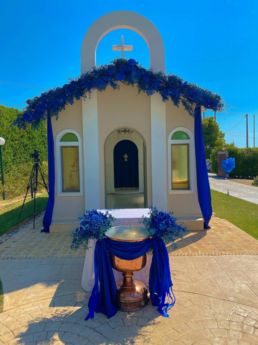 Baptismal Font Decoration Blue Painted Flowers