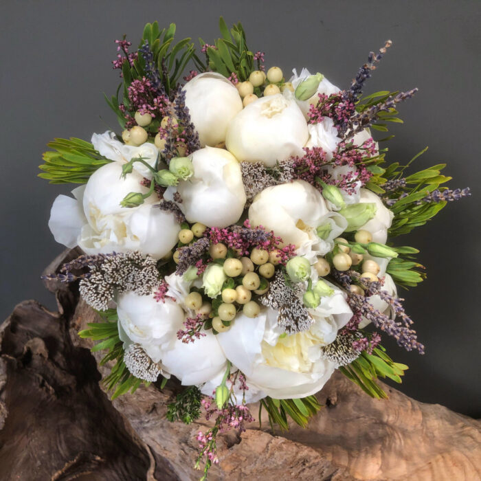 Bridal Wedding Bouquet Lisianthus Safari Peonies Hypericum Lavender