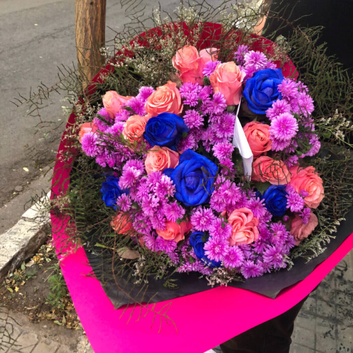 Bouquet Flowers Pink Blue Peach Shades