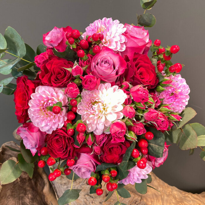 Wedding Bouquet Pink Dahlia Roses Hypericum Eucalyptus