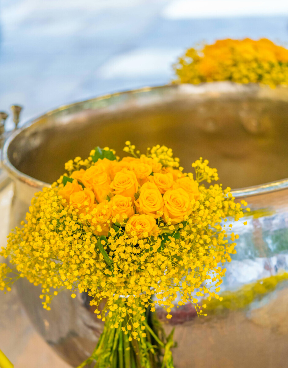 Baptismal Font Decoration Bouquets Yellow Gypsophila Roses