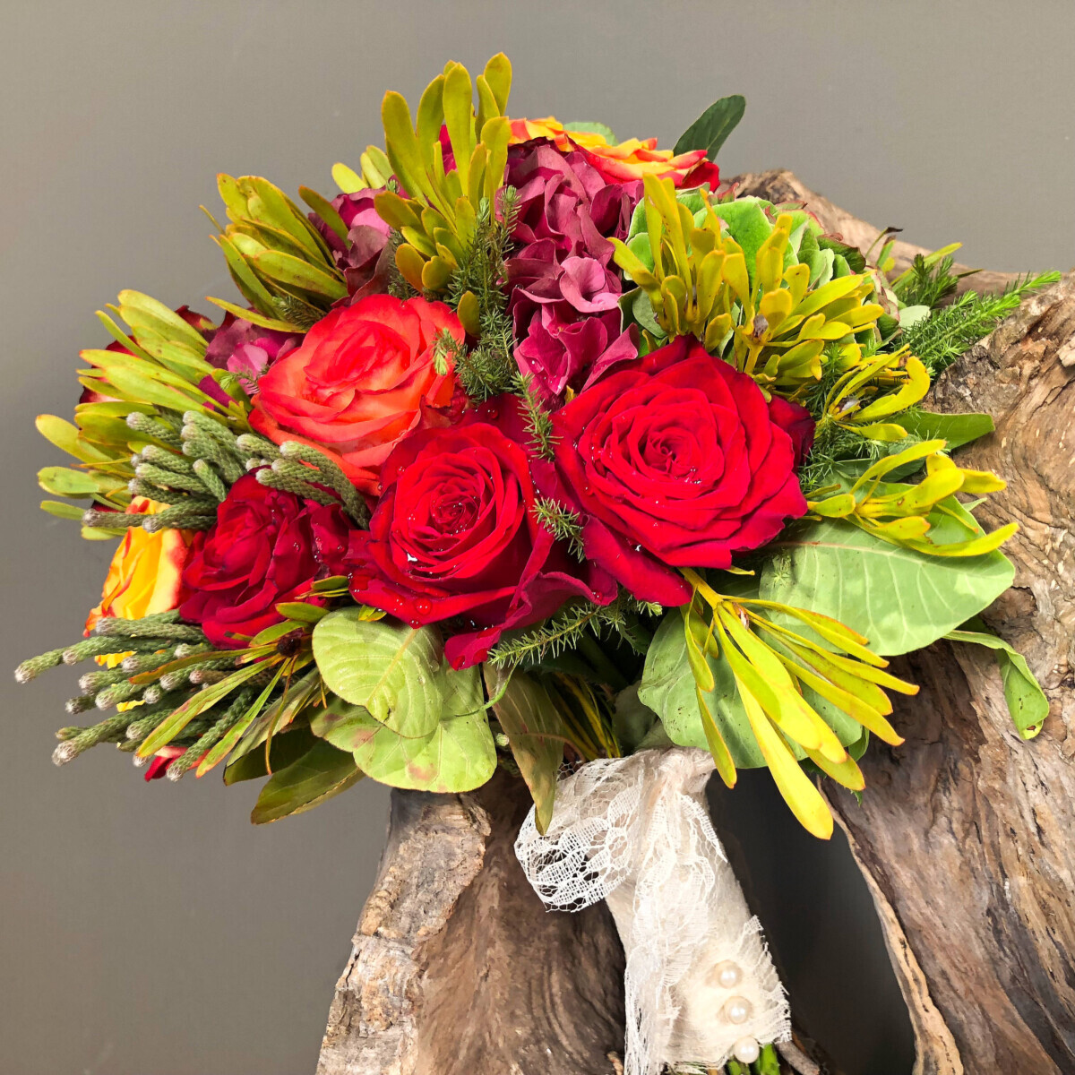 Bridal Bouquet Burgundy Hydrangea Red Orange Roses