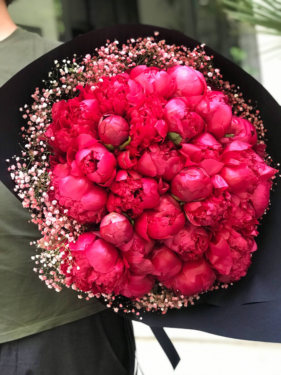 Bouquet Red Peonies Gypsophila