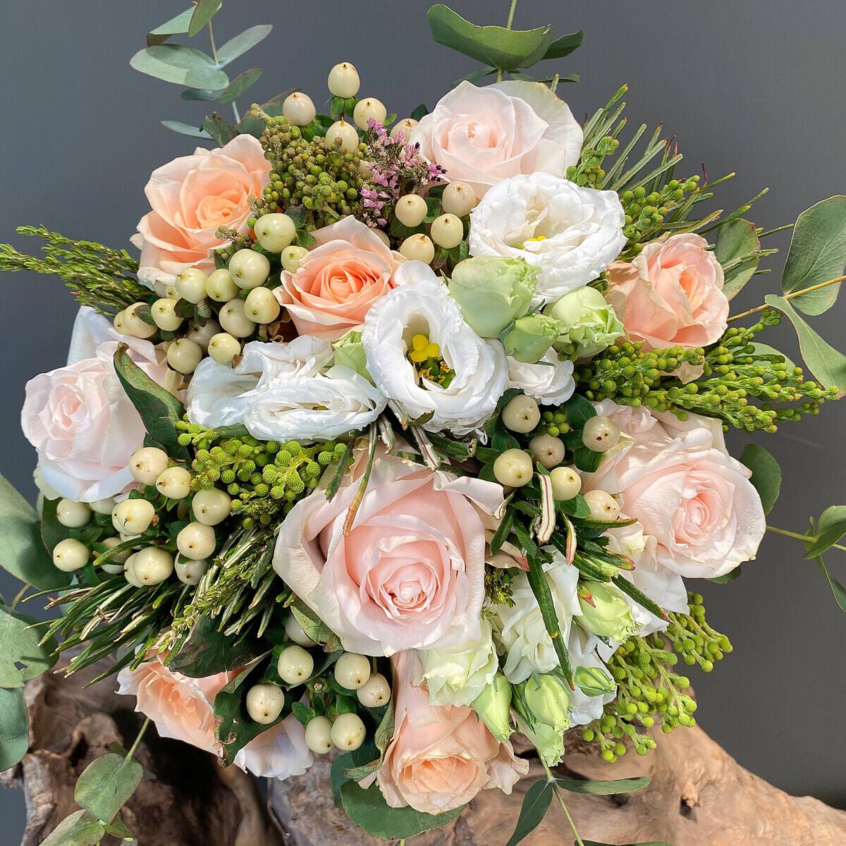 Bridal Bouquet Roses Lisianthus Hypericum Eucalyptus