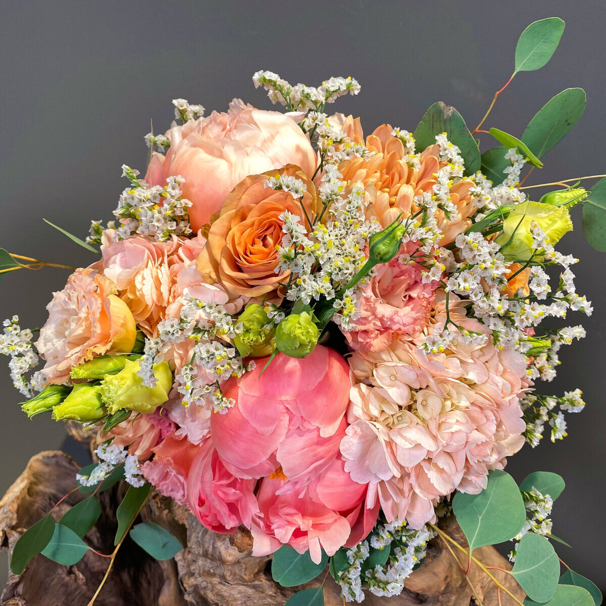 Bridal Bouquet Salmon Hydrangeas Peonies Lisianthus Limonium