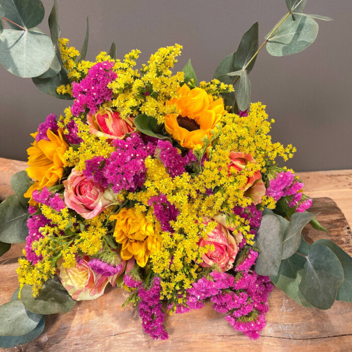 Bouquet Roses Sun Flowers Solidago Amaranth