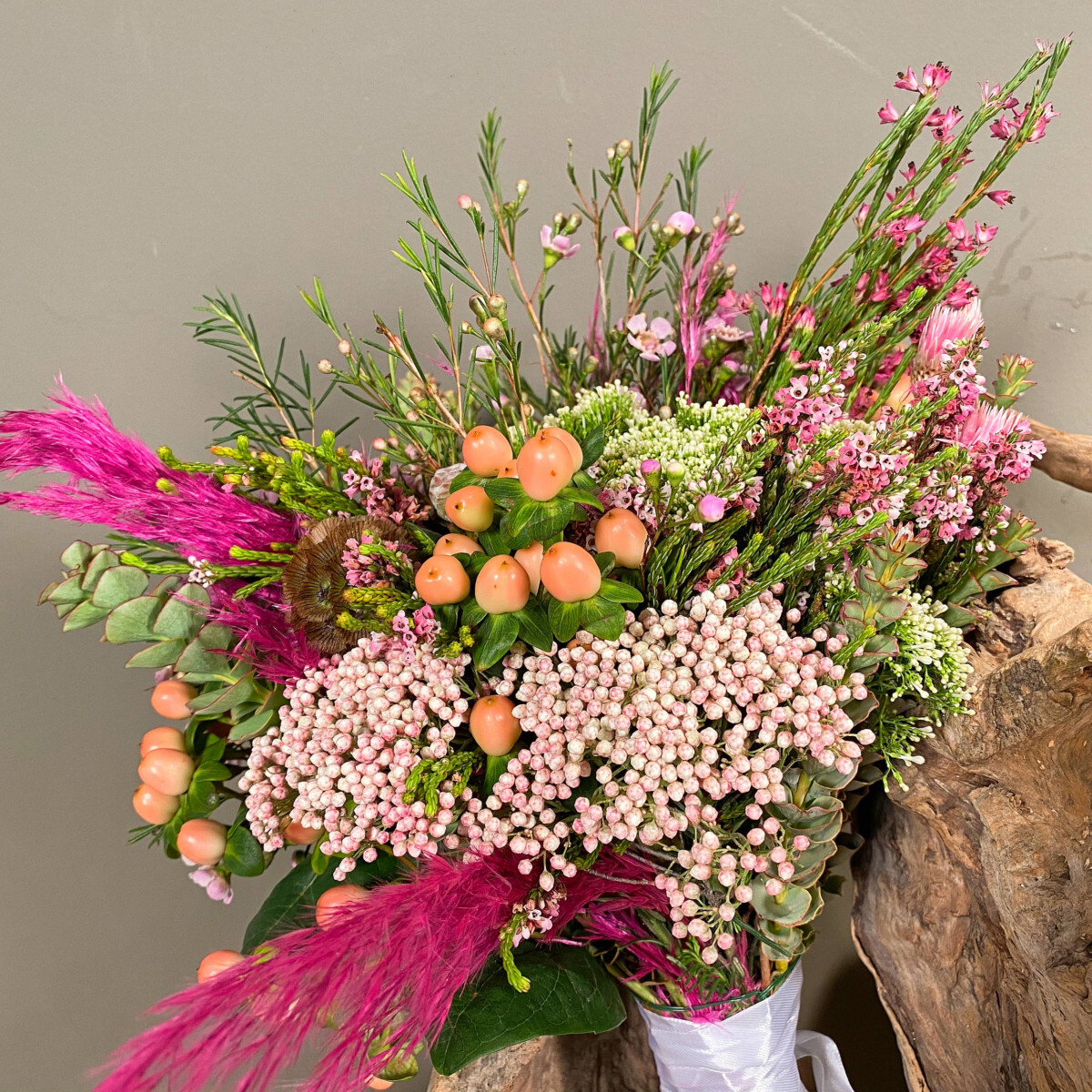 Bridal Bouquet Safari Wax Hypericum Achilleas Rice Flower Pampas Grass